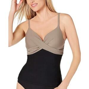 ISLAND ESCAPE Gemini Colorblocked Push-Up Tankini Top XS Black/Sand NWT